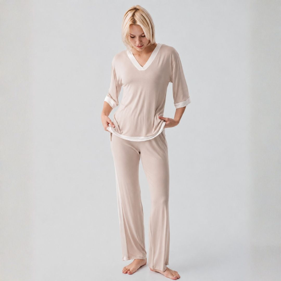 Beige V-Neck Set