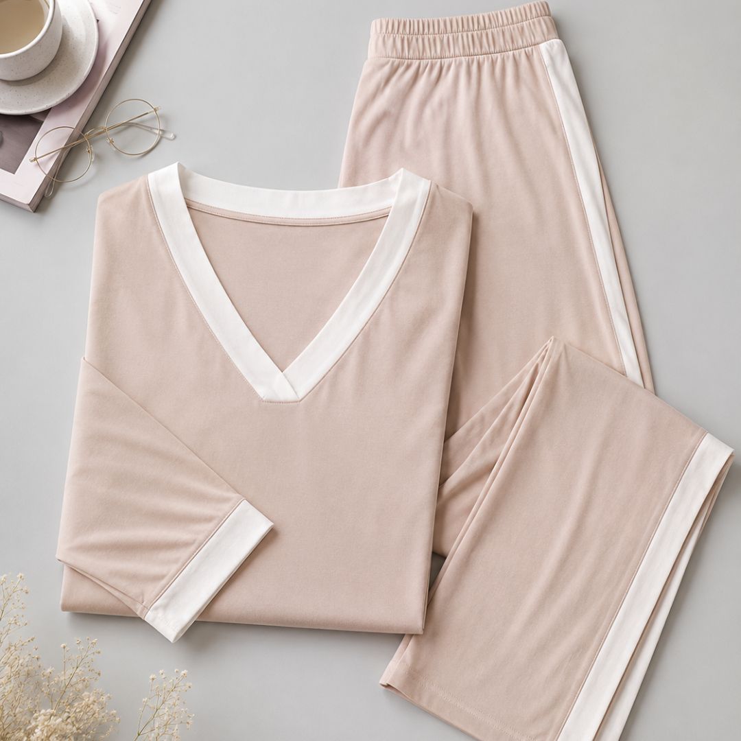 Beige V-Neck Set